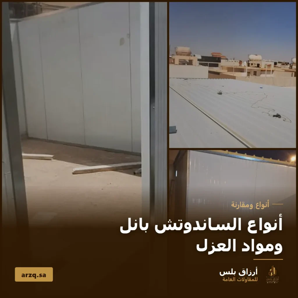 غلاف مقال أنواع الساندوتش بانل ومواد العزل يعرض ثلاث صور من تنفيذ أرزاق بلس