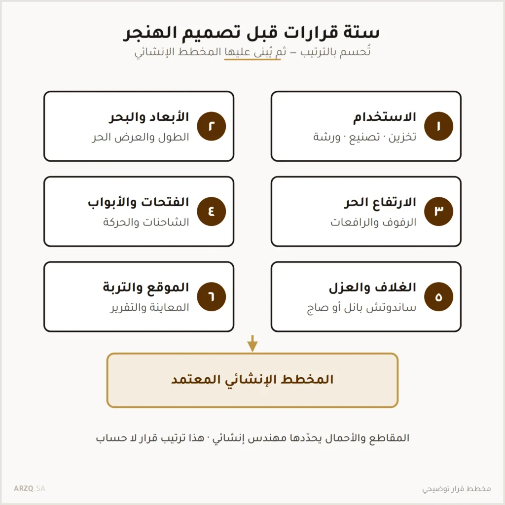 مخطط يعرض ستة قرارات قبل تصميم الهنجر: الاستخدام والأبعاد والبحر والارتفاع الحر والفتحات والغلاف والعزل والموقع والتربة