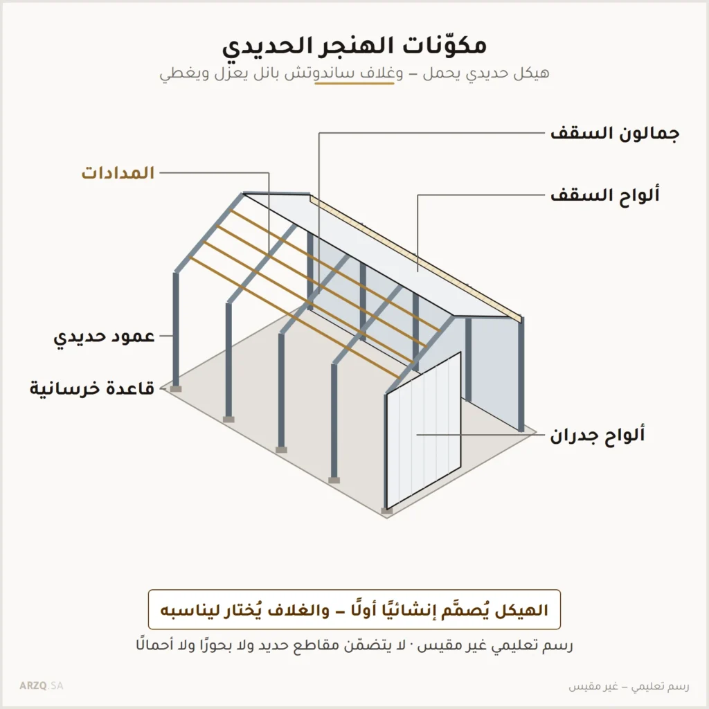 رسم توضيحي متساوي القياس لهنجر حديدي يبين الأعمدة والجمالونات والمدادات والقاعدة الخرسانية وألواح السقف والجدران المعزولة