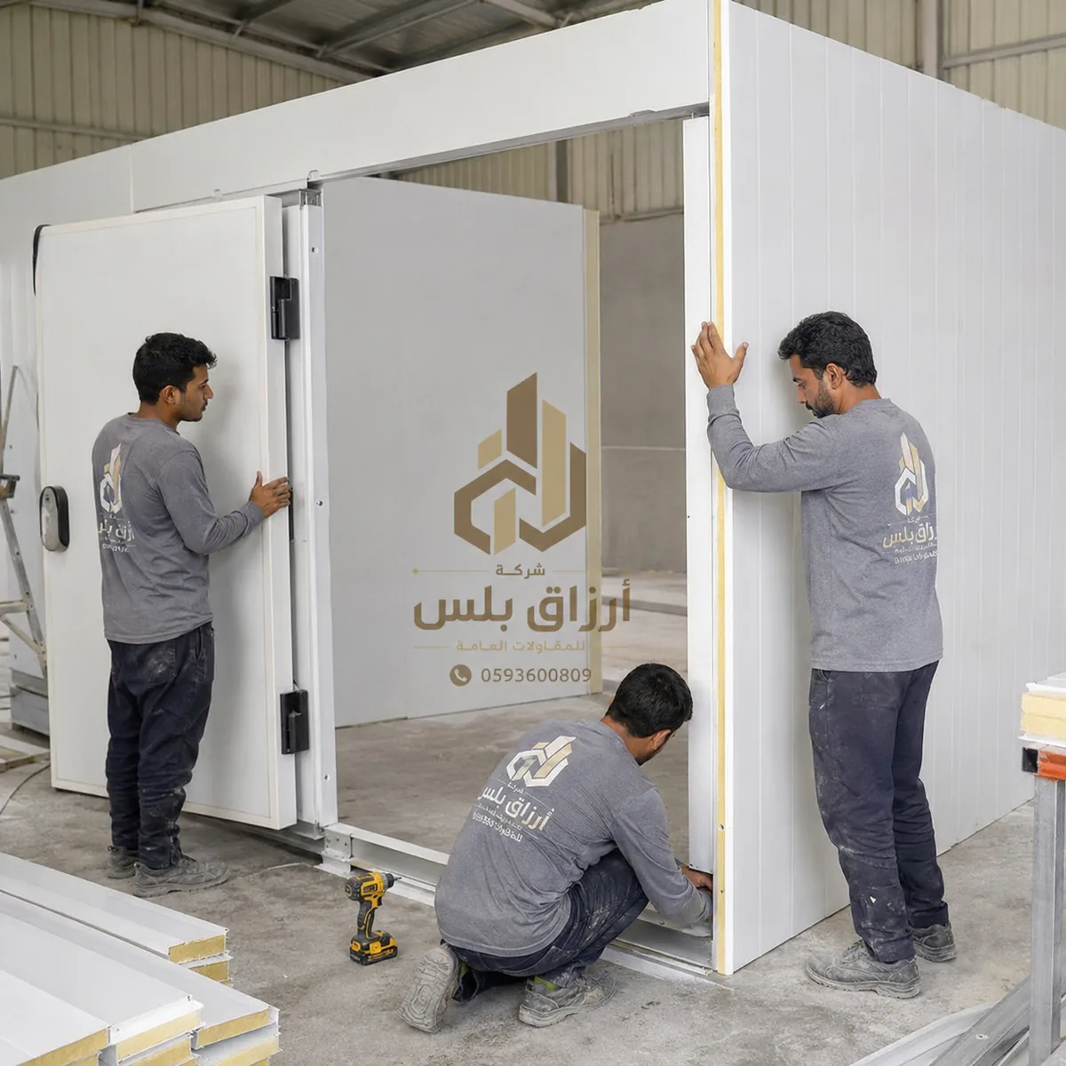 عاملان يركّبان بابًا معزولًا لغرفة تبريد من ألواح