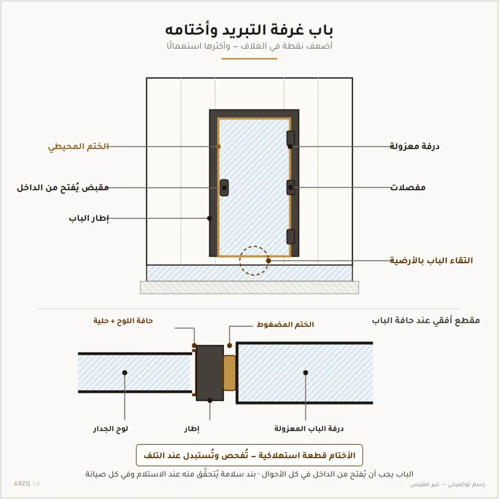 رسم لباب غرفة تبريد يبين الدرفة المعزولة والختم المحيطي والإطار ومقطعًا أفقيًا عند حافة الباب يوضّح الختم المضغوط
