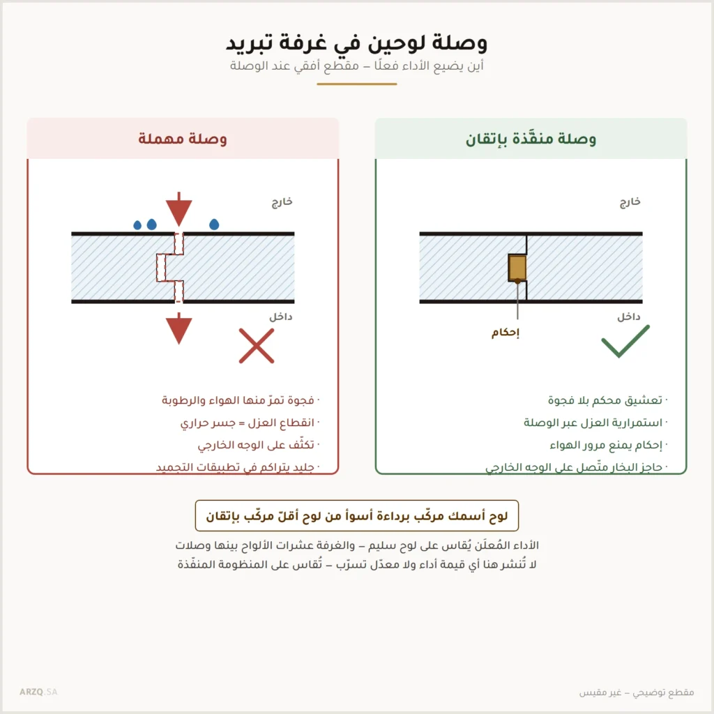 مقطع أفقي يقارن وصلة لوحين محكمة بوصلة فيها فجوة يمرّ منها الهواء وينشأ عندها جسر حراري وتكثّف
