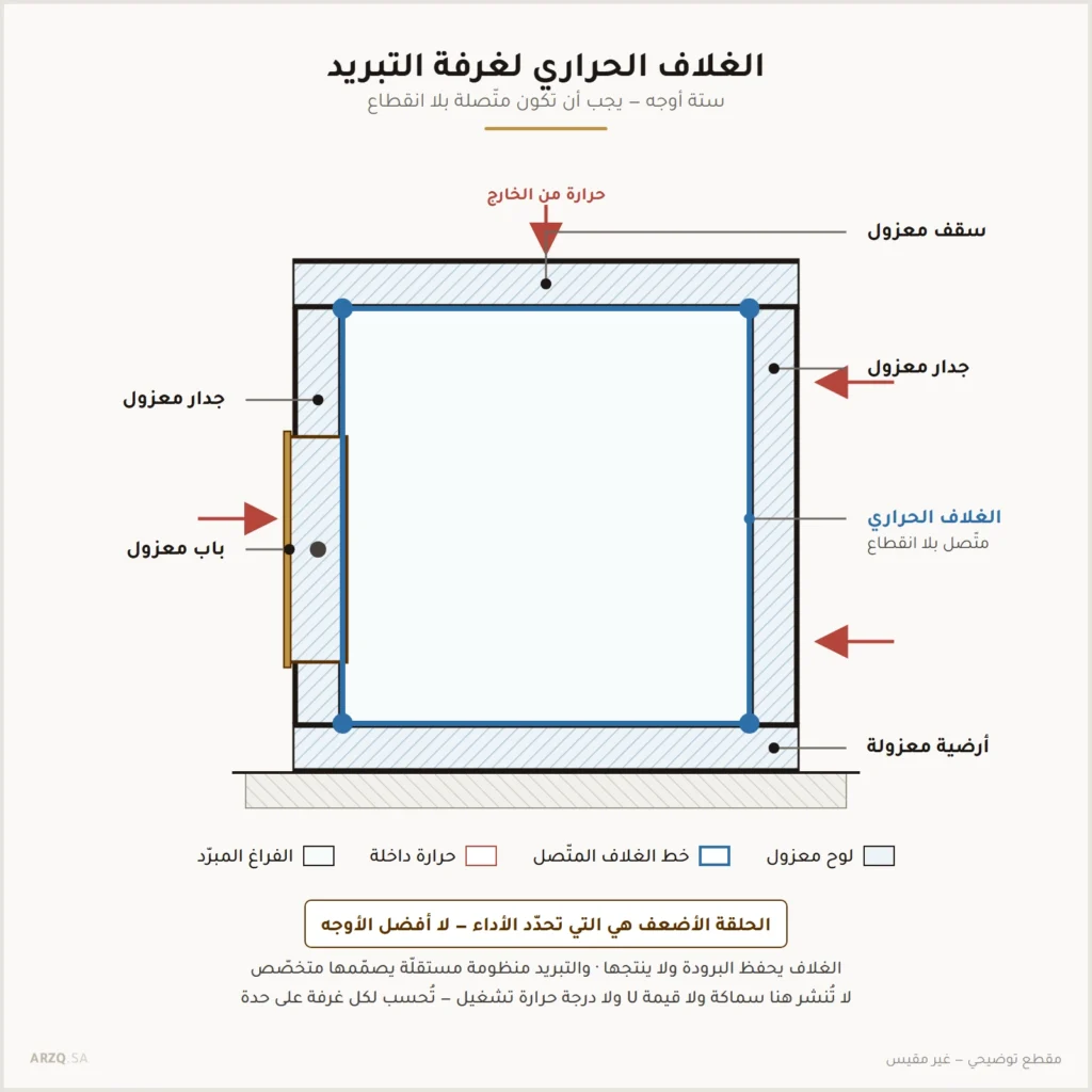 مقطع لغرفة تبريد يبين السقف والجدران والأرضية والباب المعزول وخط الغلاف الحراري المتّصل حول الفراغ المبرّد