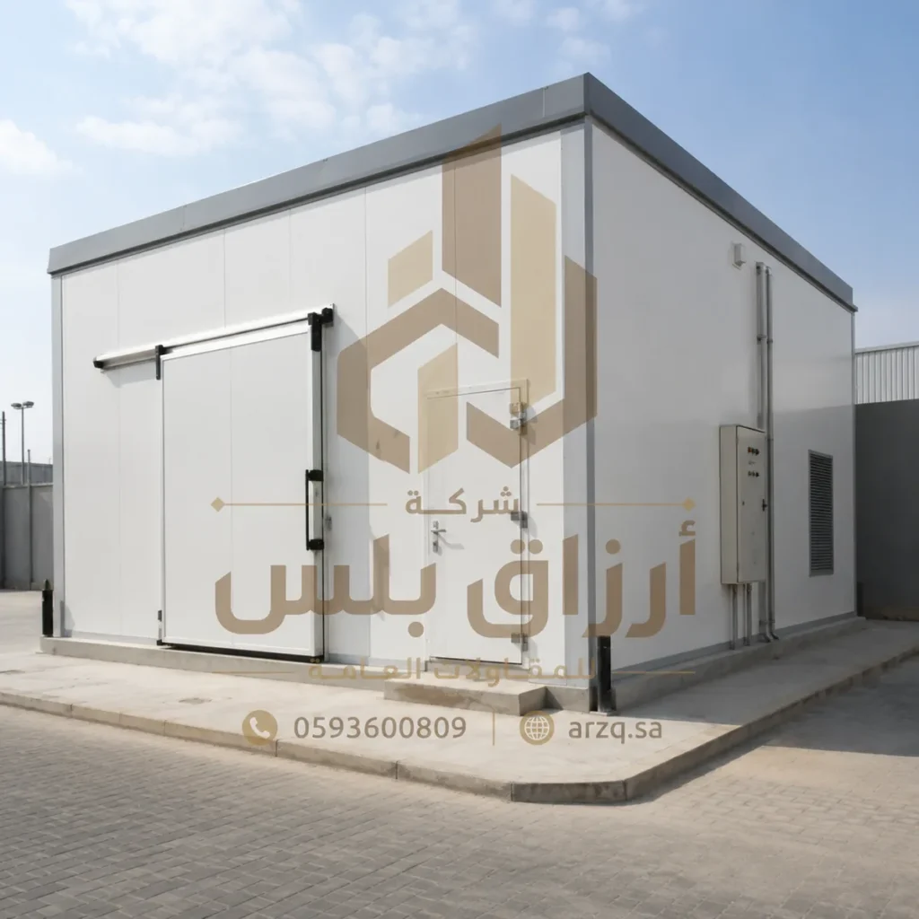 مبنى بواجهة ألواح بيضاء وباب منزلق معزول من الخارج