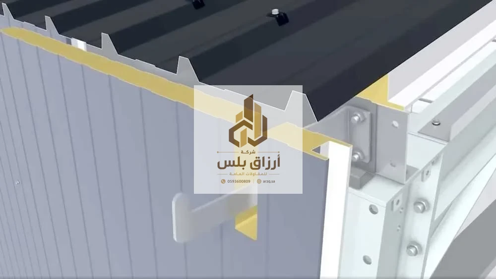 رسم توضيحي لتفصيل الطنف يُظهر التقاء لوح السقف بلوح الجدار على هيكل معدني مبرشم مع شريحة إنهاء وقلب عازل ظاهر