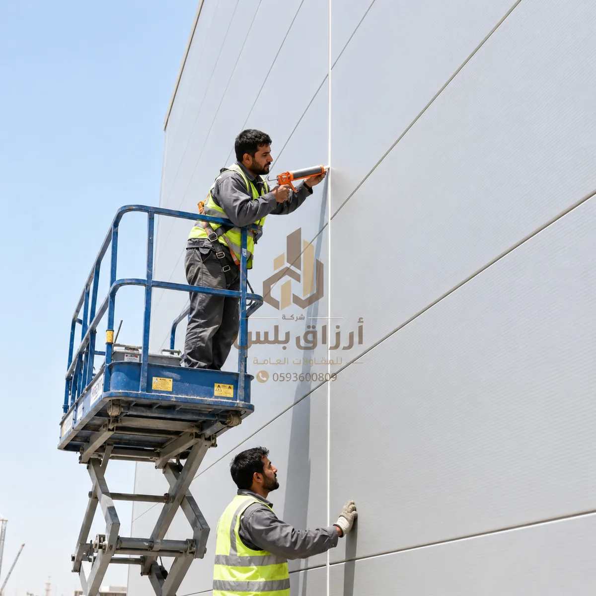 عامل على رافعة مقصية يثبّت ألواح واجهة على مبنى