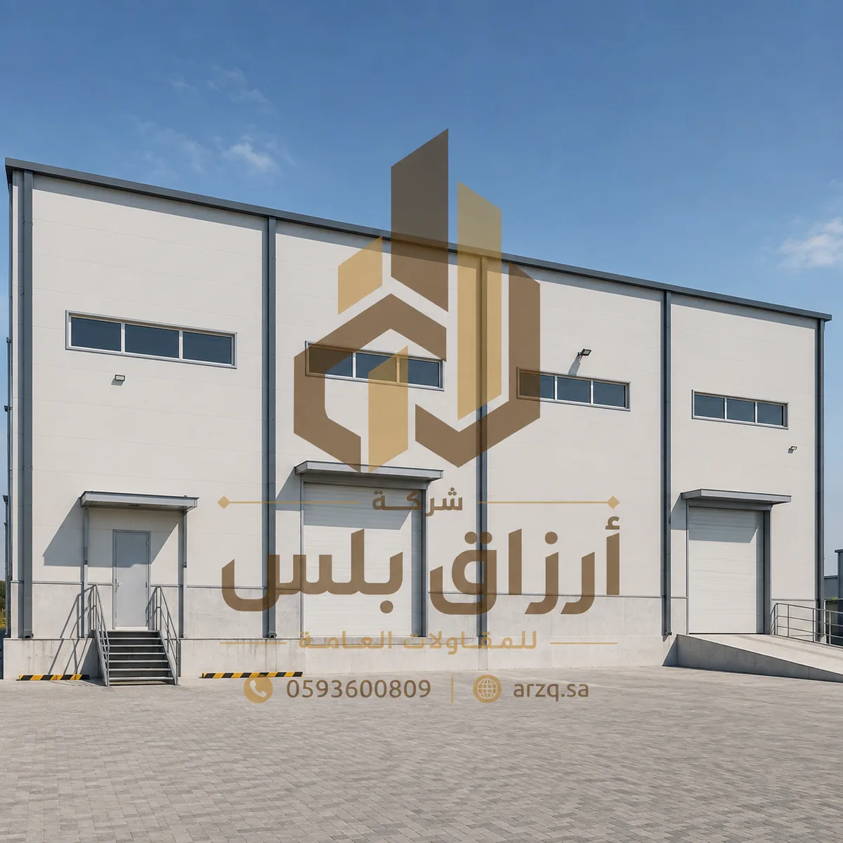 مبنى صناعي بواجهة ألواح ومدخل جانبي بدرج معدني
