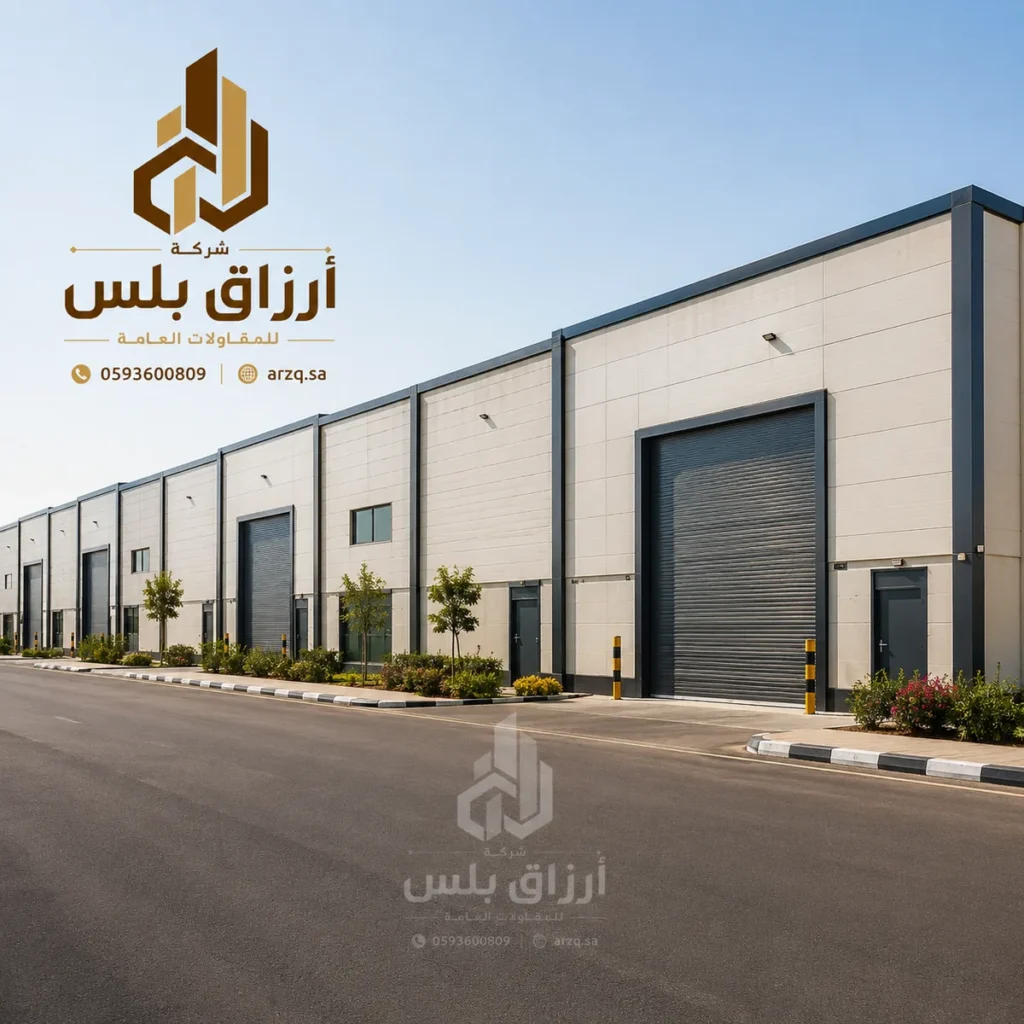 مبنى صناعي بواجهة ألواح مع أشجار وتنسيق خارجي أمامه