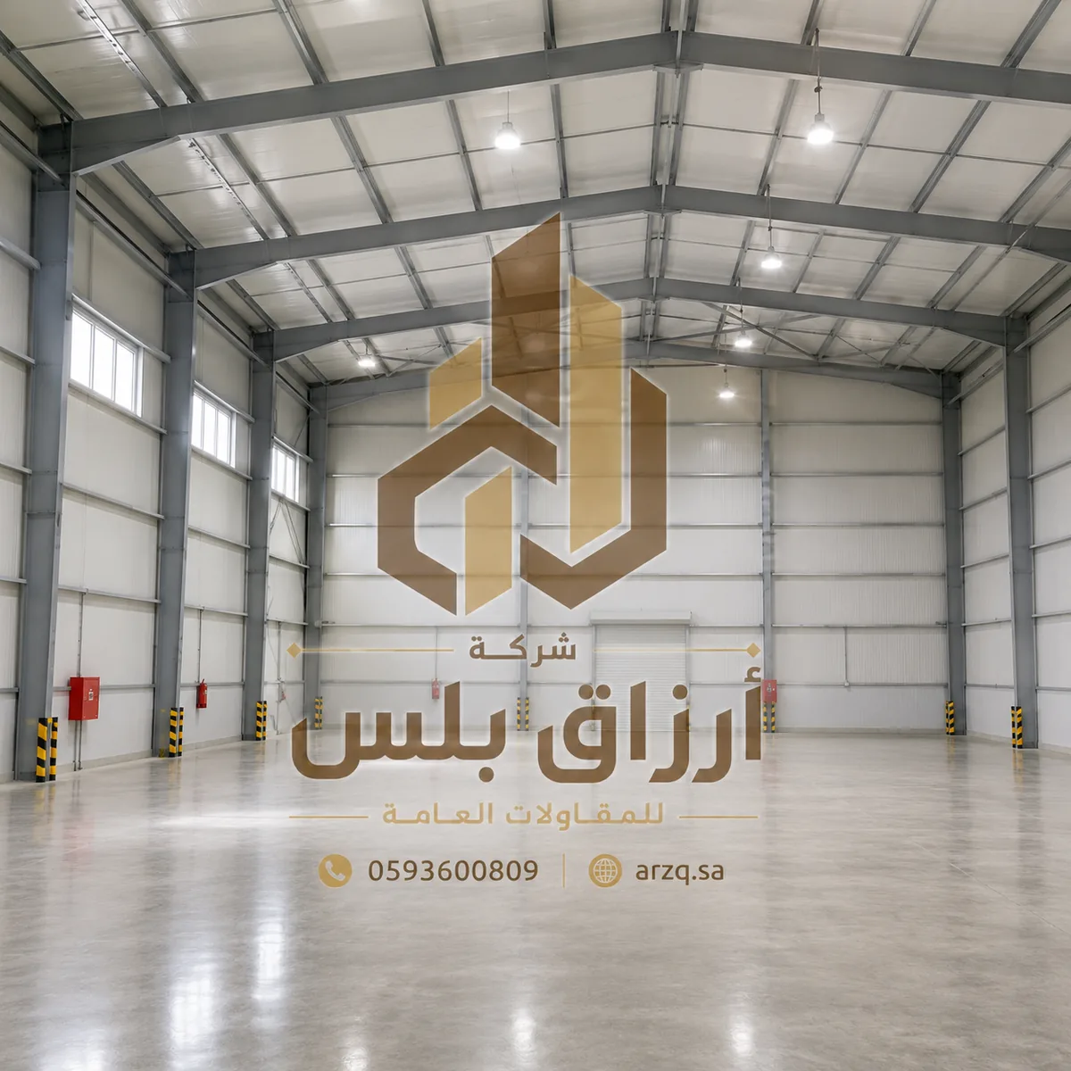 الفراغ الداخلي لهنجر معزول بجمالونات معدنية وإضاءة معلّقة وأرضية ملساء