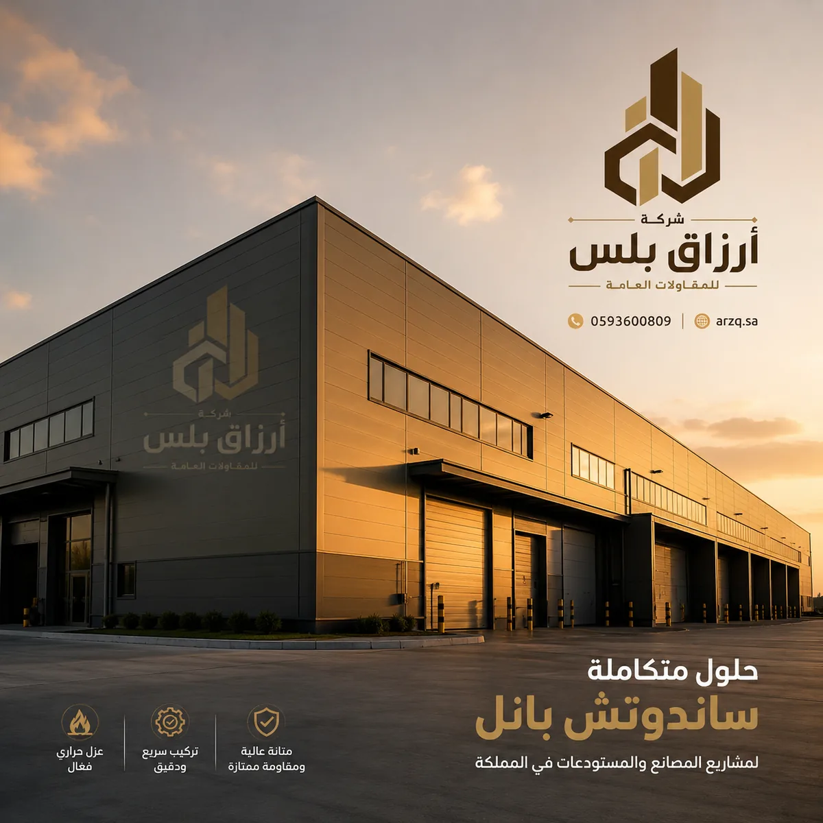 تصميم تسويقي بخلفية مبنى صناعي عند الغروب مع نص عربي وأيقونات مزايا الألواح المعزولة