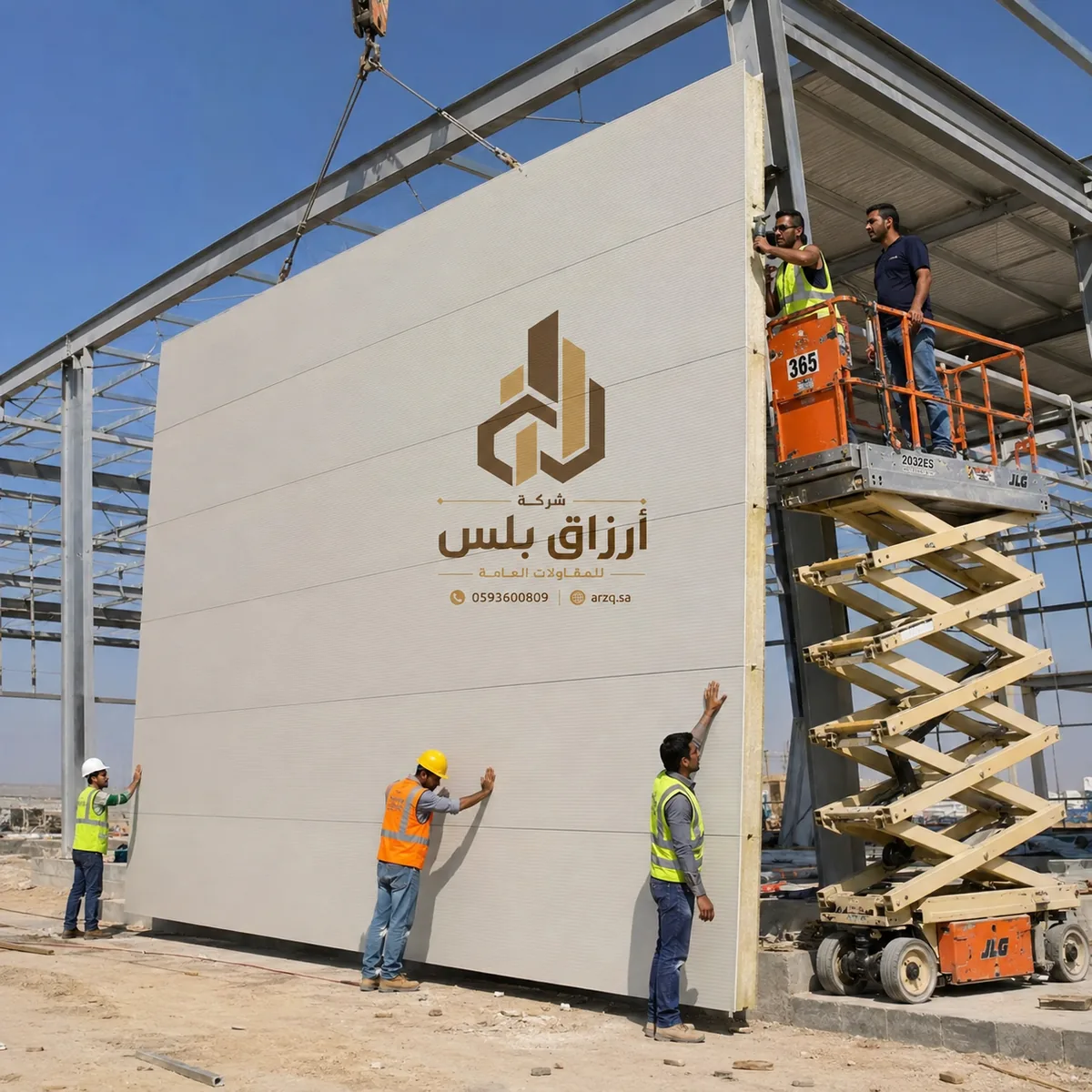 رافعة ترفع لوحًا كبيرًا داخل هيكل معدني بينما يراقبه عمّال