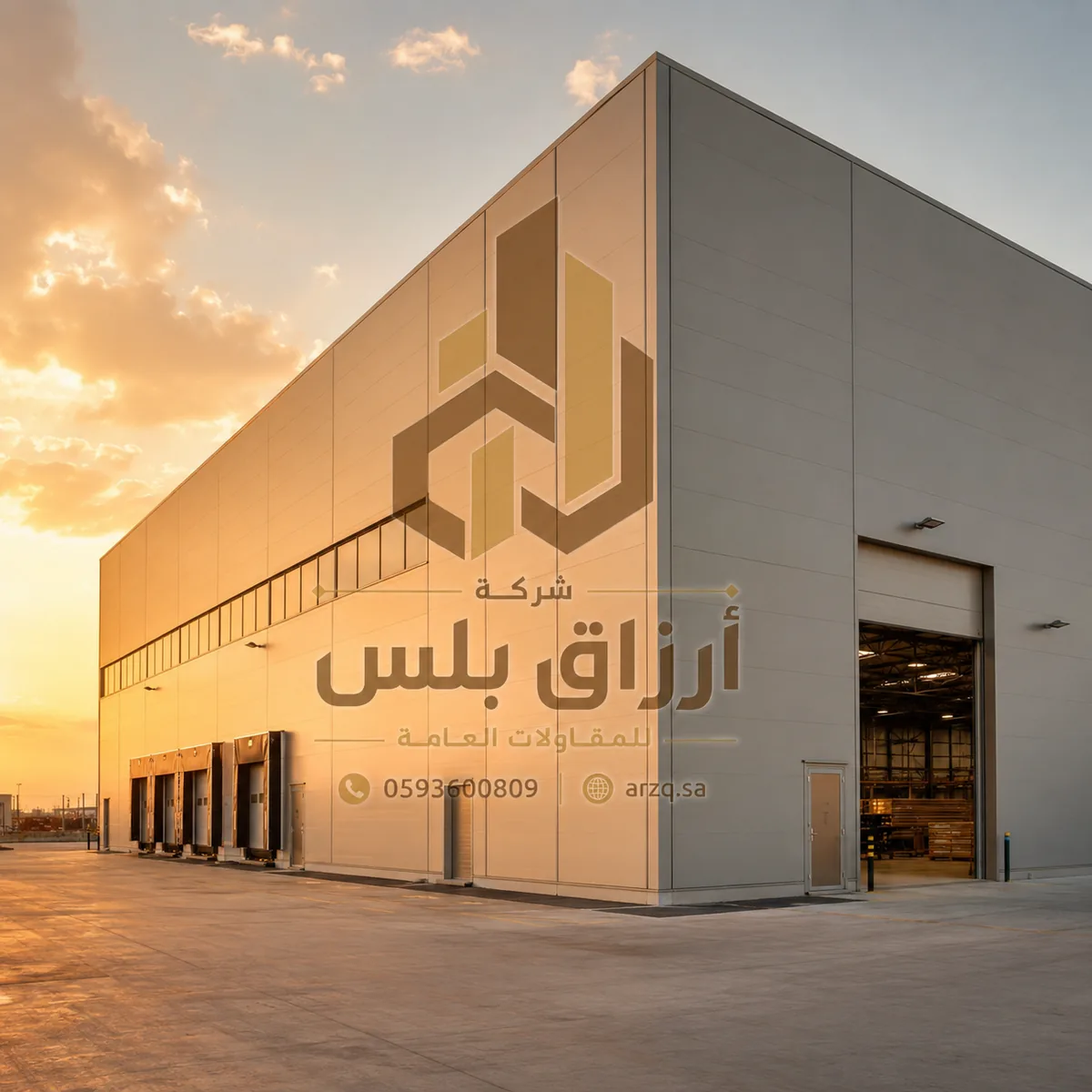 مبنى منشأة لوجستية بأرصفة تحميل عند الغروب