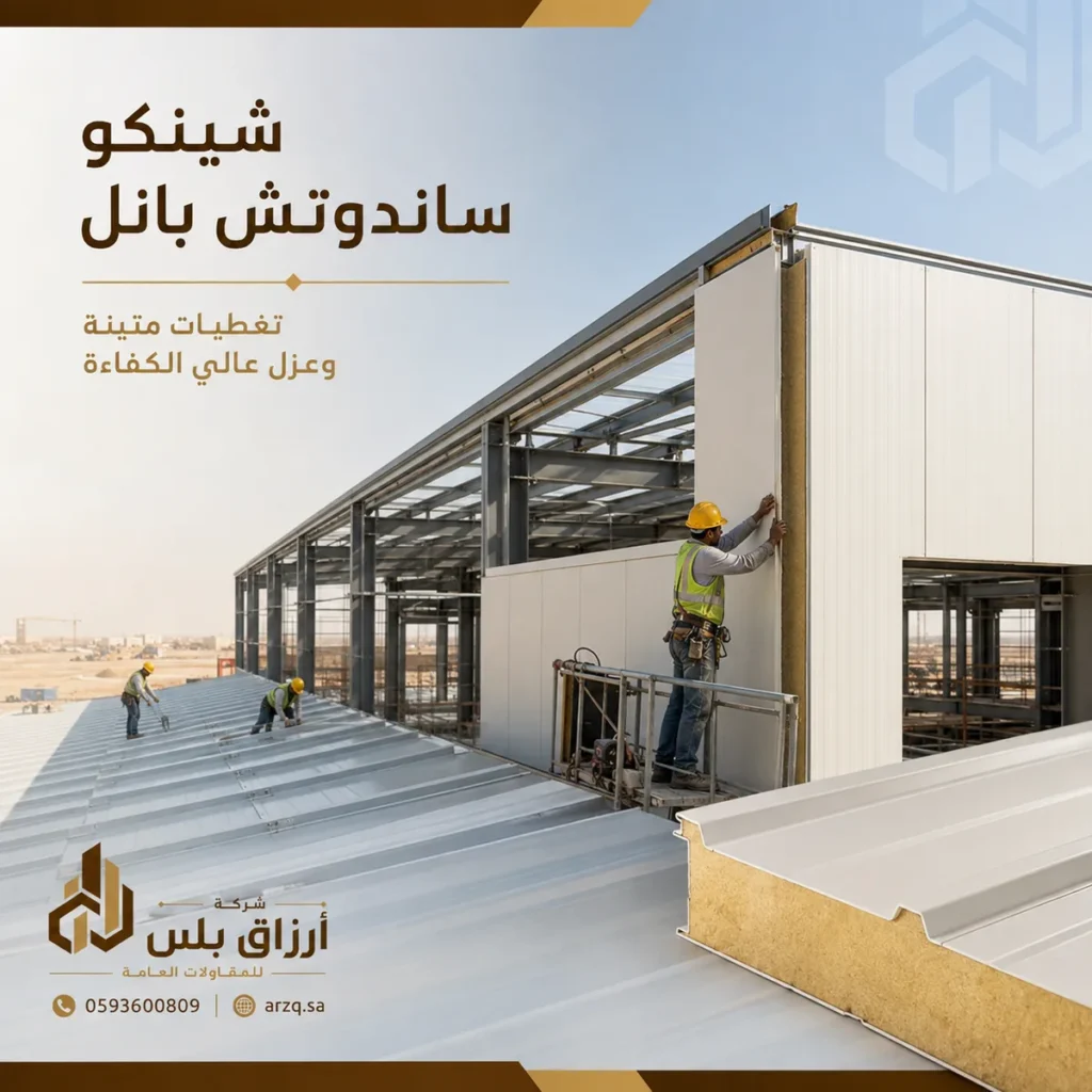 تصميم تسويقي يعرض سقفًا معدنيًا وألواح تغطية مع نص عربي