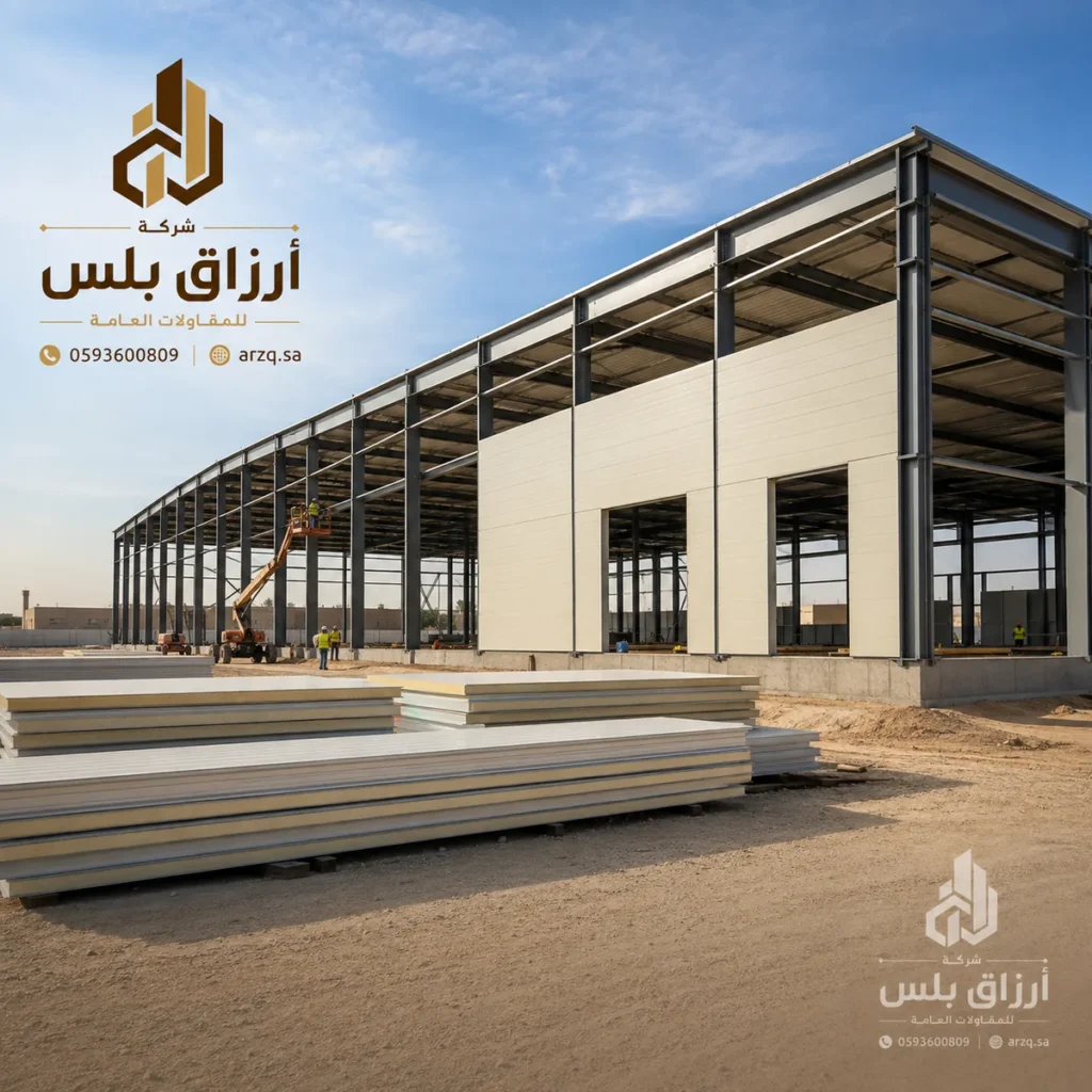 ألواح معزولة مكدّسة على أرض موقع أمام هيكل معدني قيد الإنشاء
