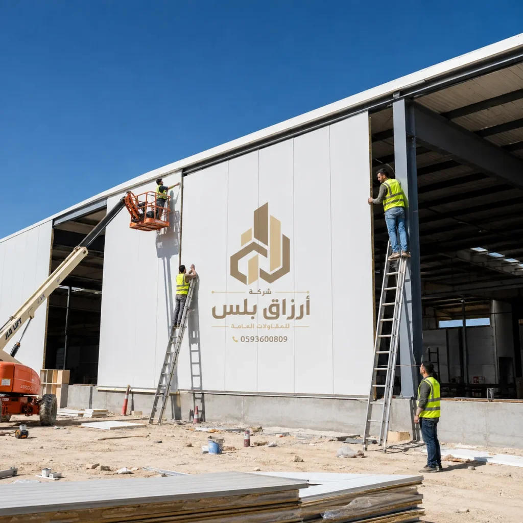 عمّال يرفعون ألواح جدار على هيكل معدني باستخدام سلّم ورافعة