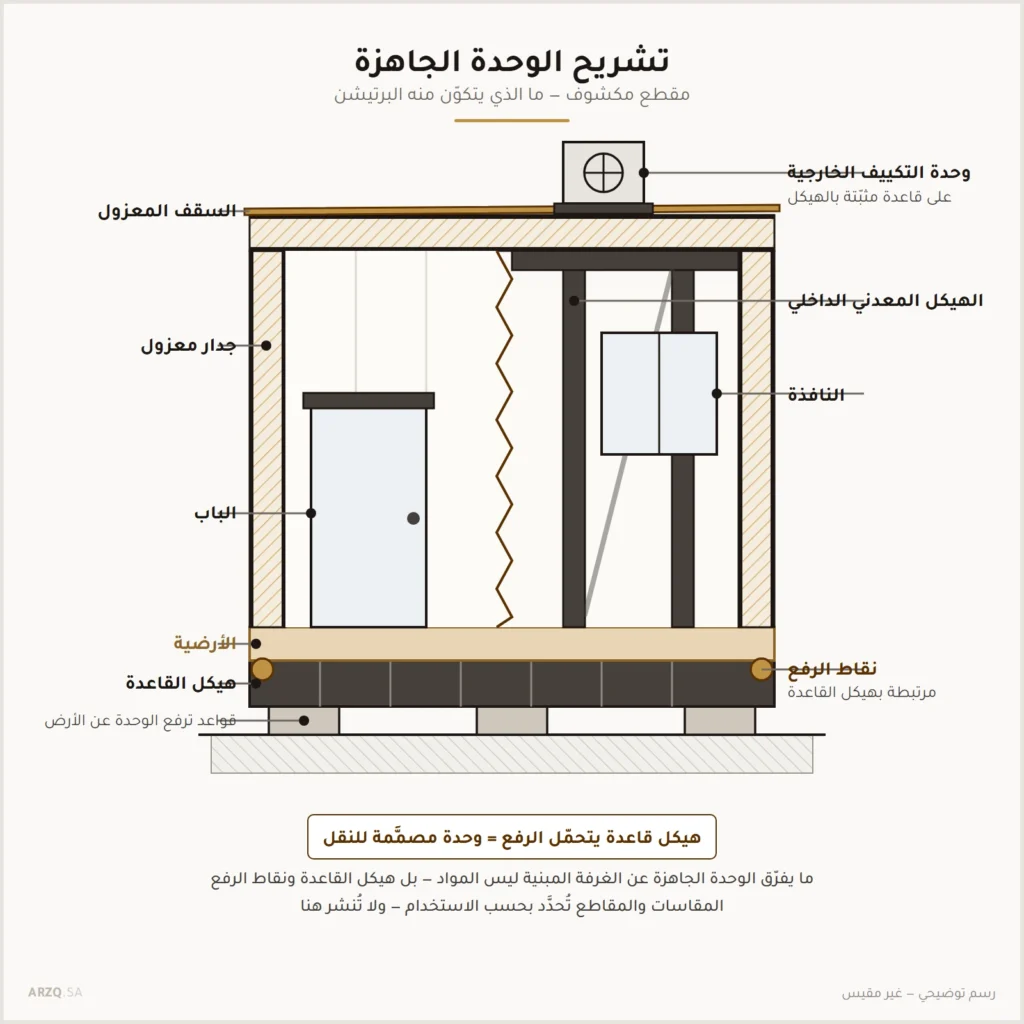 مقطع مكشوف لوحدة جاهزة من ألواح معزولة يبين هيكل القاعدة والأرضية والجدران والسقف والباب والنافذة ونقاط الرفع