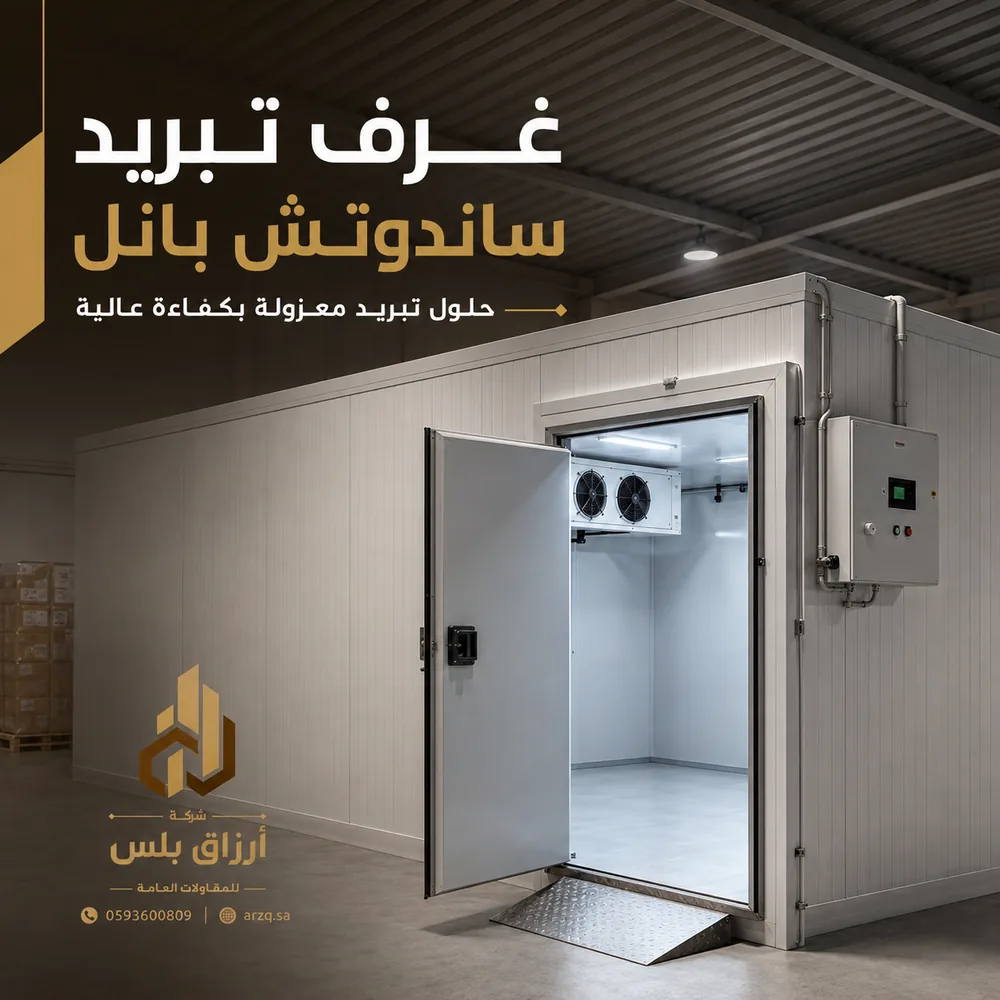 غرفة تبريد من ألواح ساندوتش بانل ببابٍ معزول ووحدة تبريد مثبتة في السقف