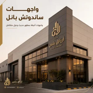 واجهة مبنى مكسوّة بألواح ساندوتش بانل بوصلات رأسية منتظمة ولونين متباينين