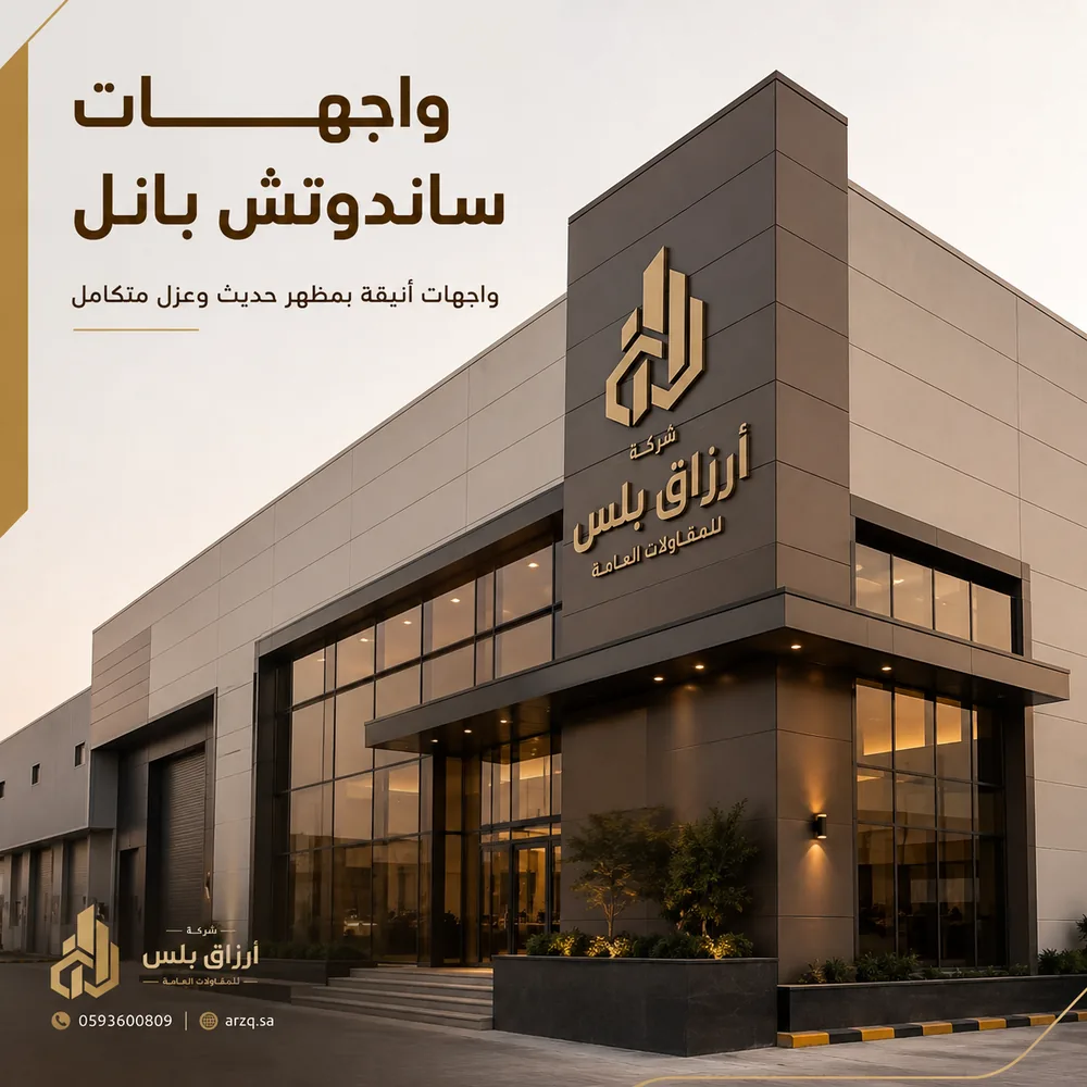 واجهة مبنى مكسوّة بألواح ساندوتش بانل بوصلات رأسية منتظمة ولونين متباينين
