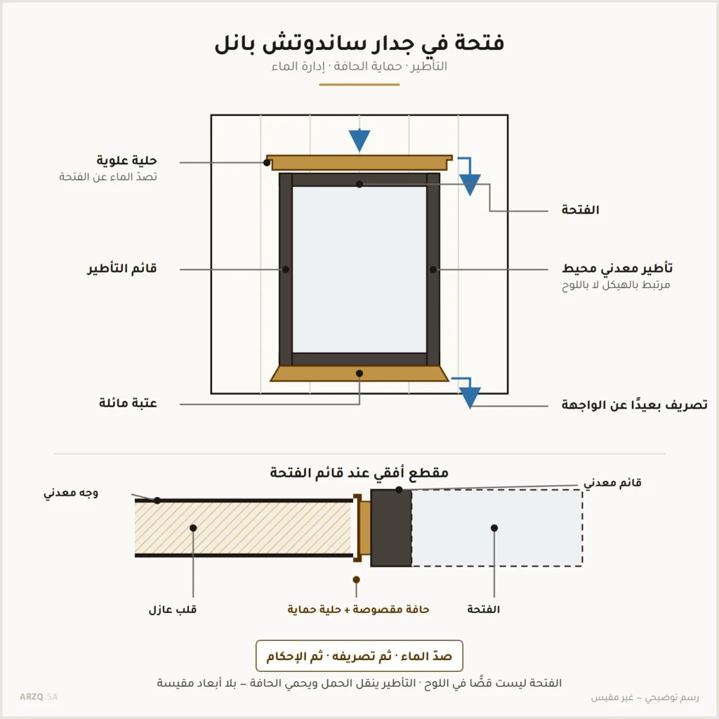 رسم توضيحي لفتحة في جدار من ألواح معزولة يبين التأطير المعدني المحيط والحلية العلوية والعتبة المائلة ومقطعًا أفقيًا عند القائم