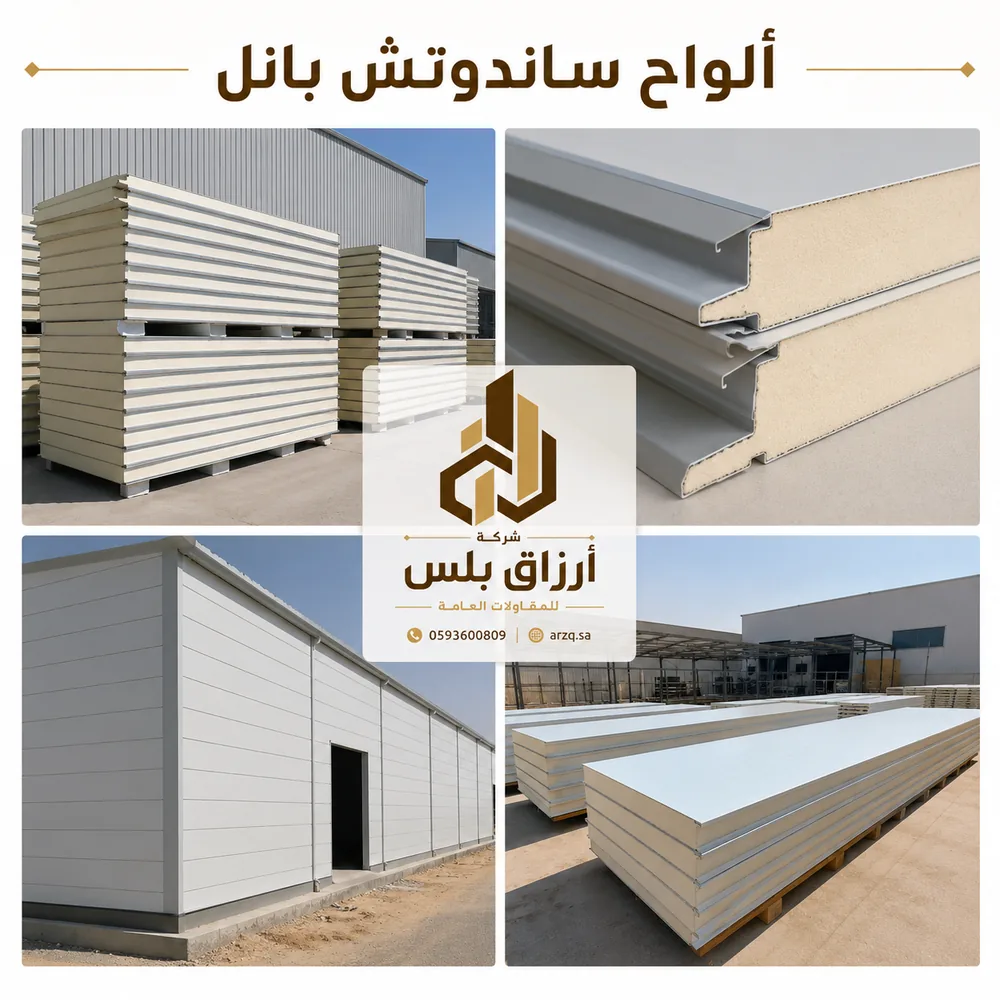 ألواح ساندوتش بانل مكدّسة وحافة لوح تُظهر القلب العازل بين وجهين معدنيين وشكل التعشيق الجانبي