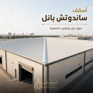 سقف مغطّى بألواح ساندوتش بانل مضلّعة تمتد باتجاه واحد مع ميل ظاهر نحو جهة التصريف