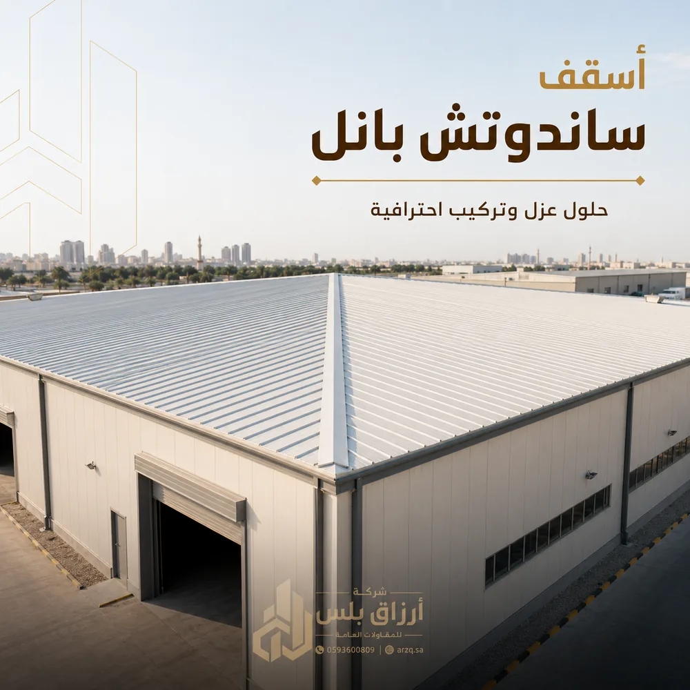 سقف مغطّى بألواح ساندوتش بانل مضلّعة تمتد باتجاه واحد مع ميل ظاهر نحو جهة التصريف