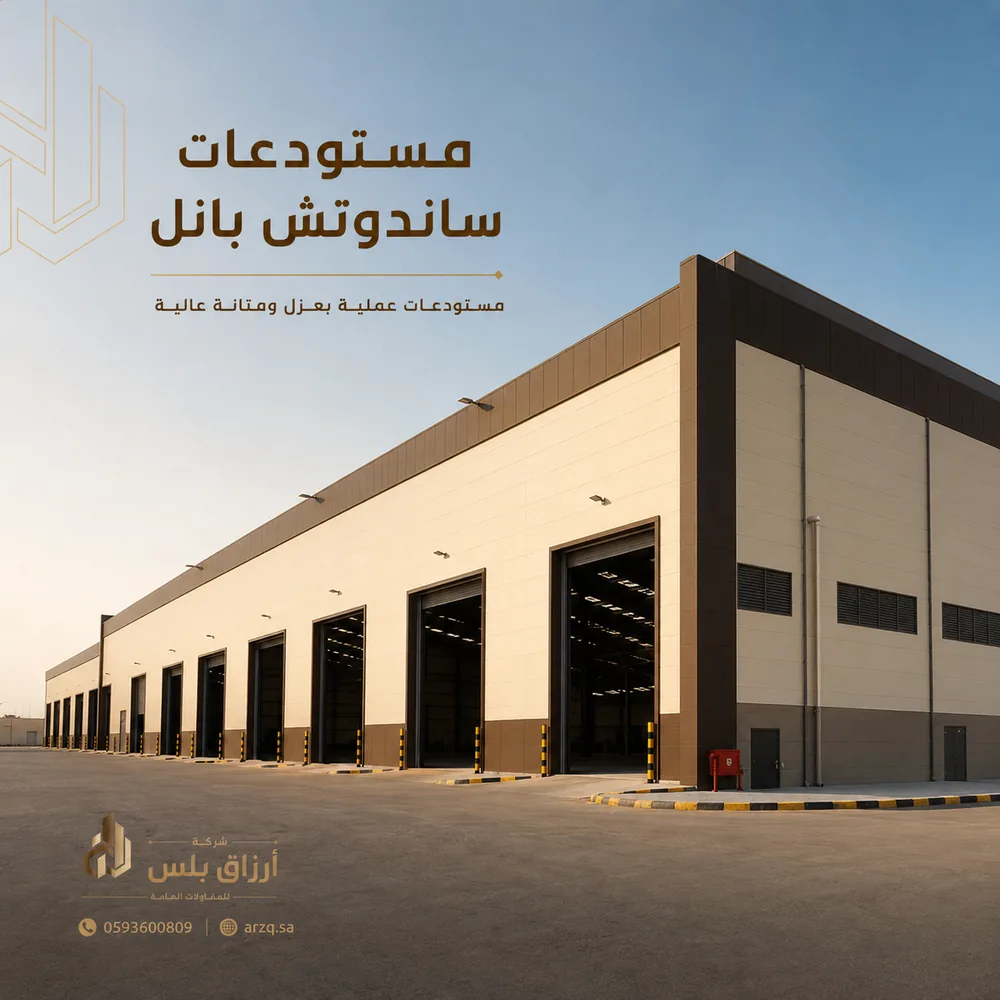 مبنى مستودع مكسوّ بألواح ساندوتش بانل مع أبواب شحن متعددة