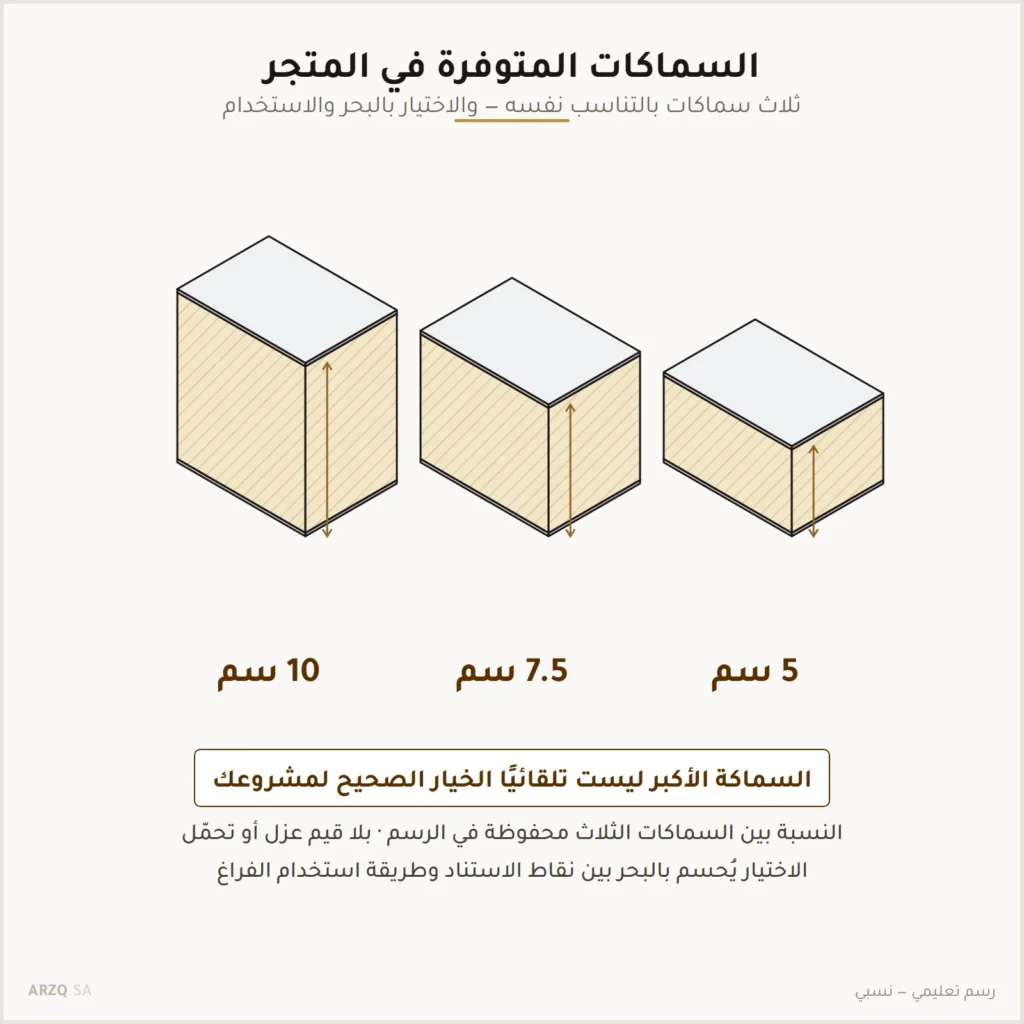 رسم توضيحي يعرض ثلاثة مقاطع لألواح بسماكات 5 و7.5 و10 سم بالتناسب نفسه