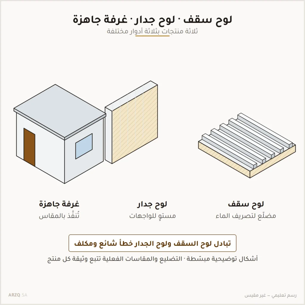 رسم توضيحي يقارن لوح سقف مضلّعًا ولوح جدار مستوي الوجه وغرفة جاهزة بباب ونافذة