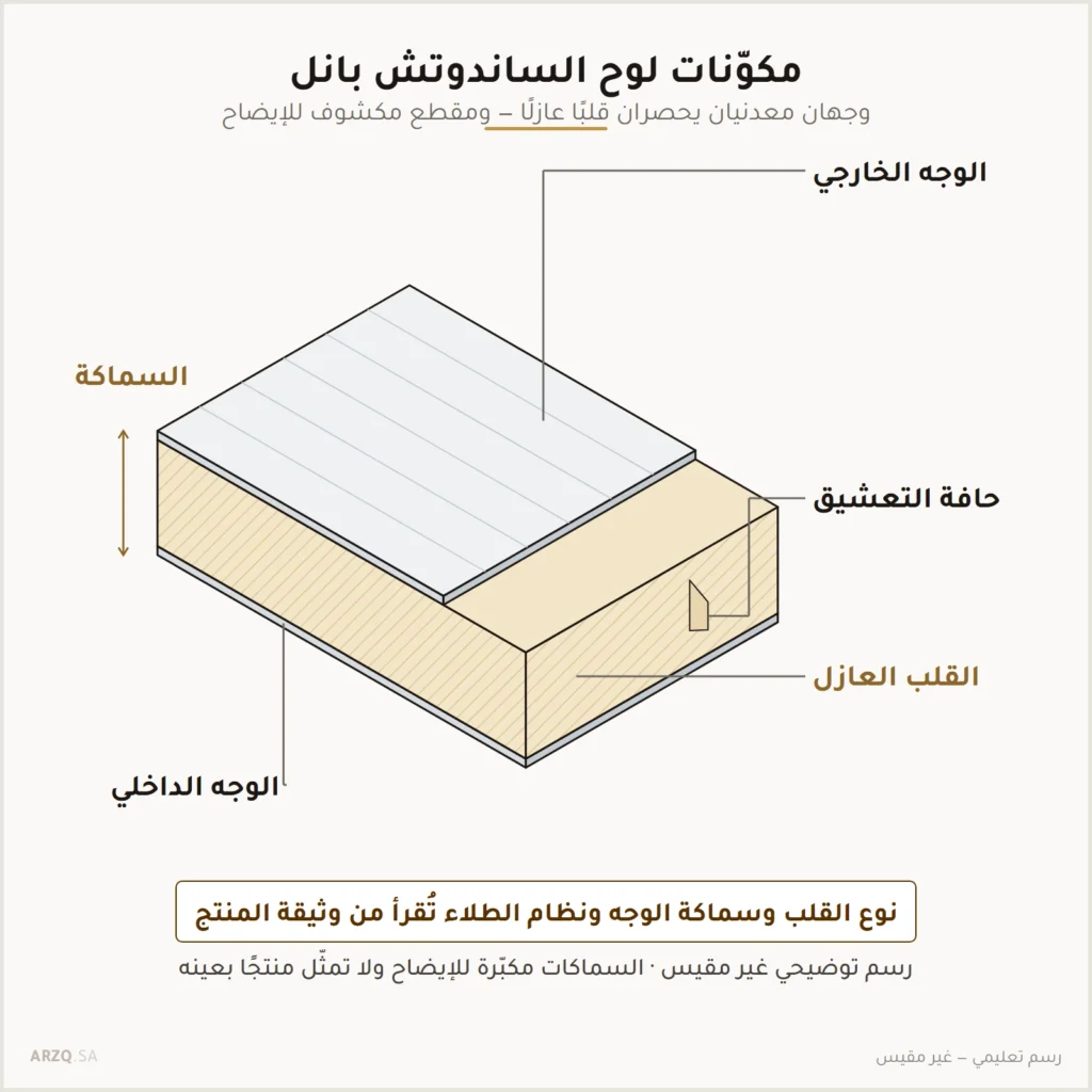 رسم توضيحي متساوي القياس للوح ساندوتش بانل يبين الوجه المعدني الخارجي والقلب العازل والوجه المعدني الداخلي وحافة التعشيق