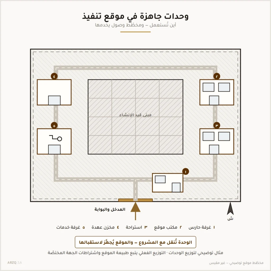 مخطط موقع توضيحي يبين مواضع غرفة الحارس ومكتب الموقع والاستراحة ومخزن العهدة وغرفة الخدمات حول مبنى قيد الإنشاء