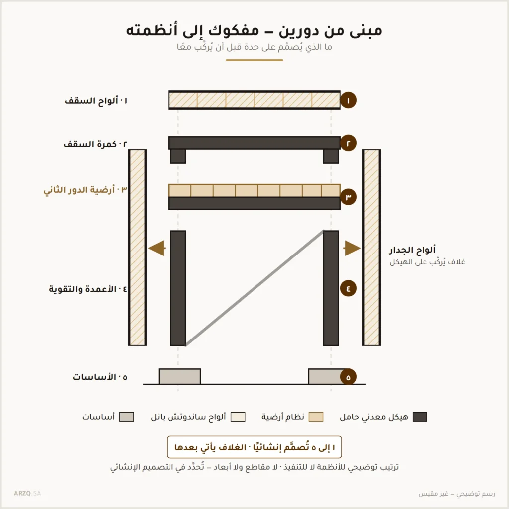 رسم توضيحي مفكوك يعرض ألواح السقف وكمرة السقف وأرضية الدور الثاني والأعمدة والأساسات وألواح الجدار كأنظمة منفصلة
