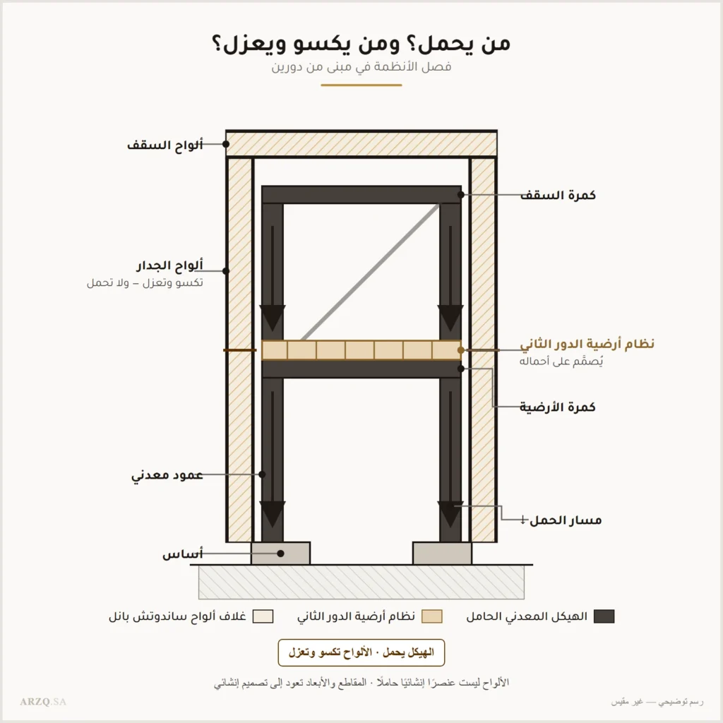رسم توضيحي يبين الفرق بين الهيكل المعدني الحامل ونظام أرضية الدور الثاني وغلاف ألواح الساندوتش بانل في مبنى من دورين