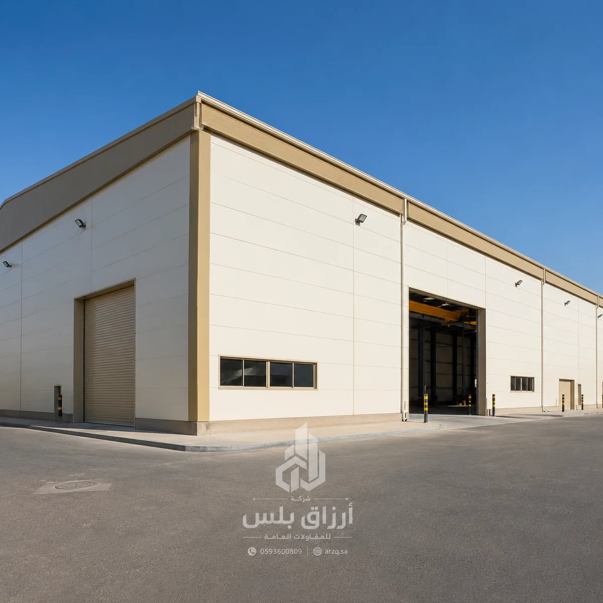 مبنى مستودع بواجهة ألواح بلون بيج وباب شحن مفتوح