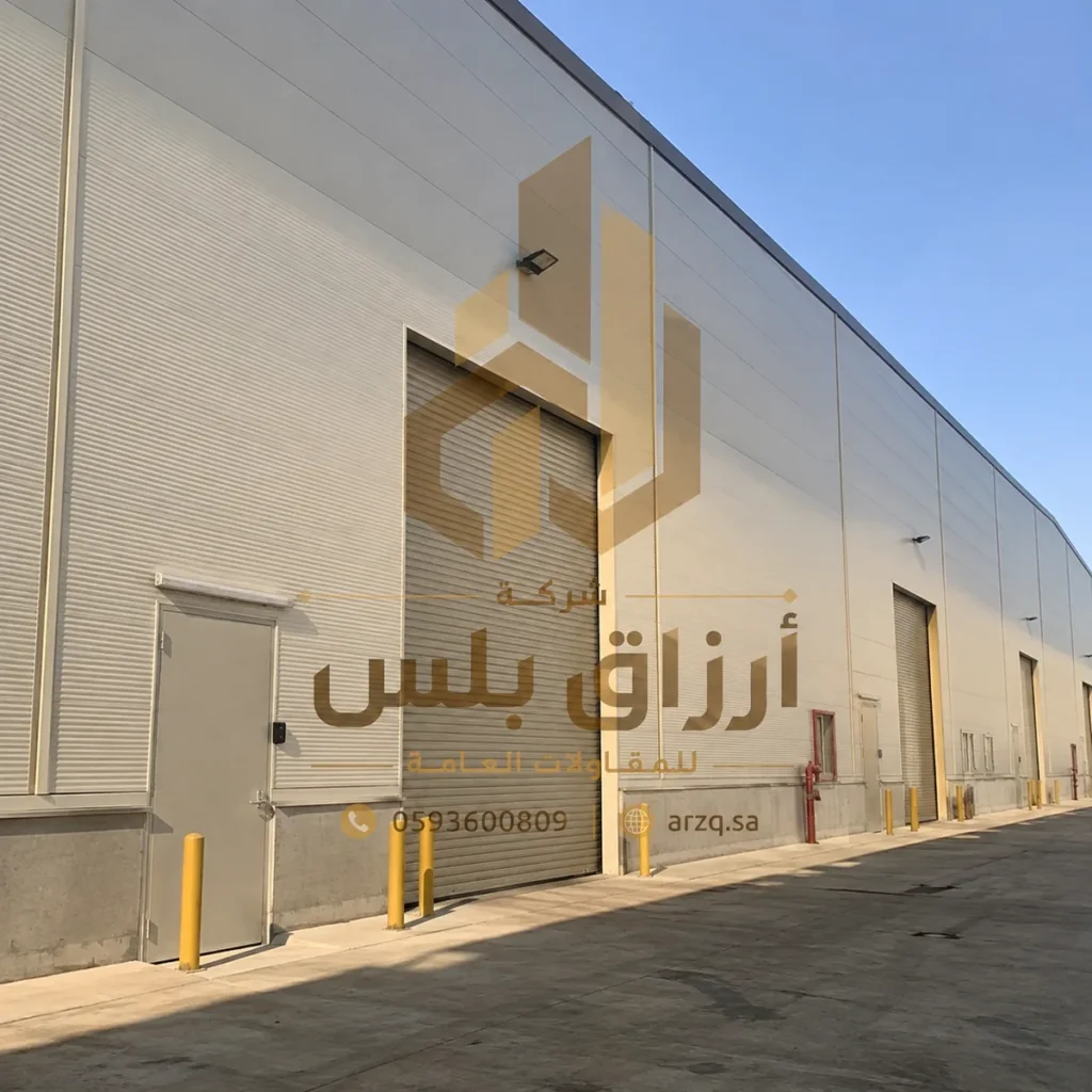 جدار مستودع مكسو بألواح مع باب رول معدني وعمود حماية