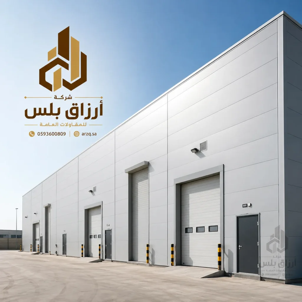 مبنى مستودع أبيض بعدة أبواب شحن متجاورة