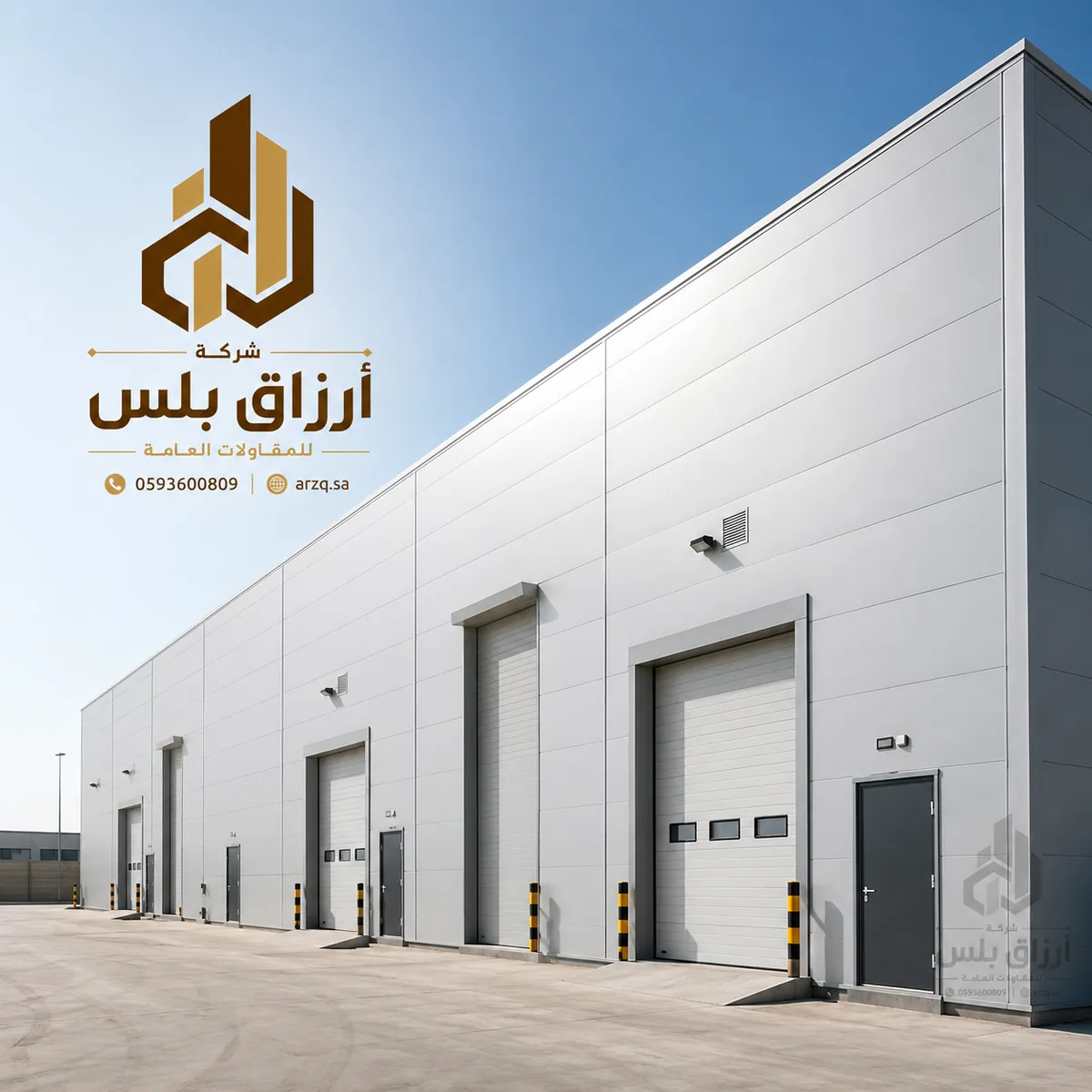 مبنى مستودع أبيض بعدة أبواب شحن متجاورة