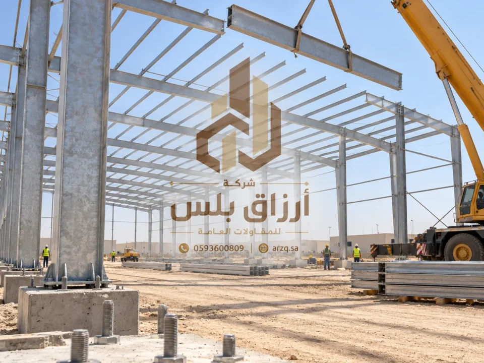 تصور لرافعة ترفع كمرة حديدية مع قواعد خرسانية تبرز منها براغي التثبيت