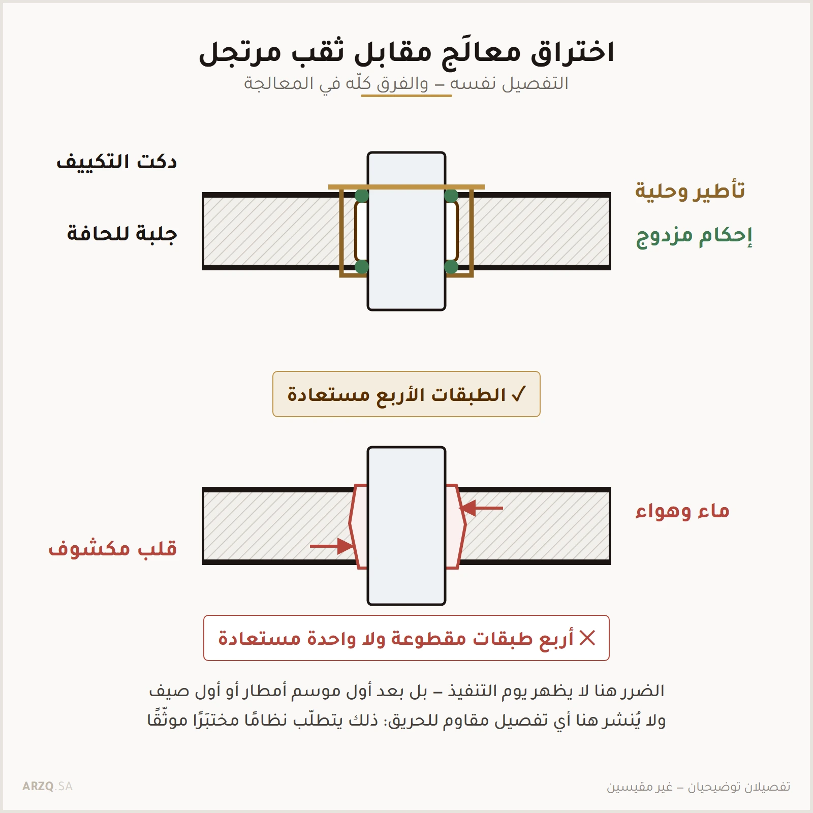 تفصيلان متجاوران لاختراق دكت في لوح معزول: أحدهما مؤطَّر ومُحكم من الجهتين، والآخر ثقب غير منتظم يترك القلب مكشوفًا