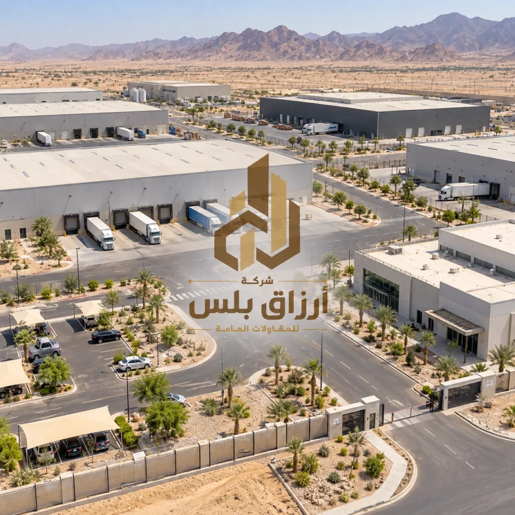 تصور جوي لمجمع مستودعات وهناجر صناعية بطرق داخلية ومواقف