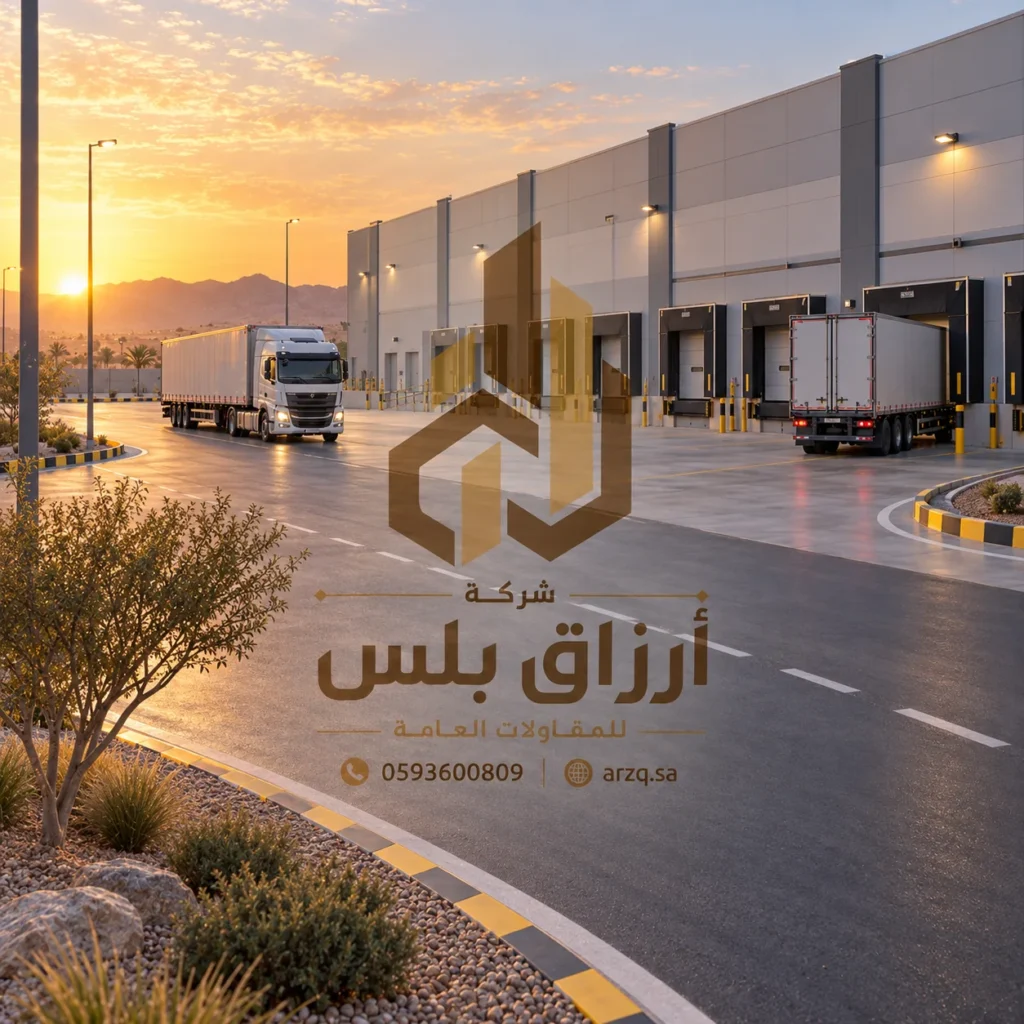تصور لساحة مستودع لوجستي بشاحنات متوقفة عند منصات التحميل
