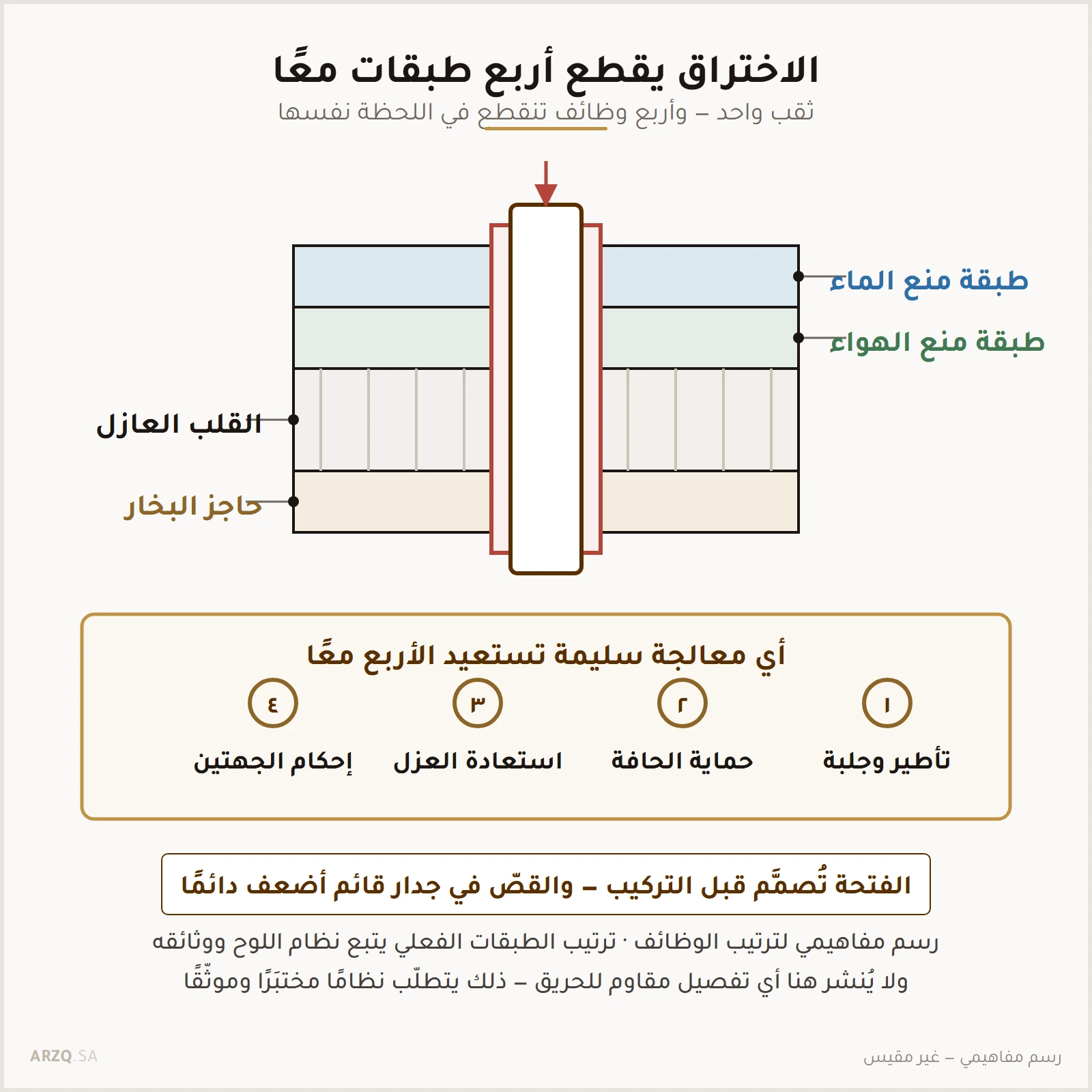 رسم مفاهيمي يبين اختراقًا يمرّ عبر طبقة منع الماء وطبقة منع الهواء والقلب العازل وحاجز البخار، مع أربعة بنود لاستعادتها