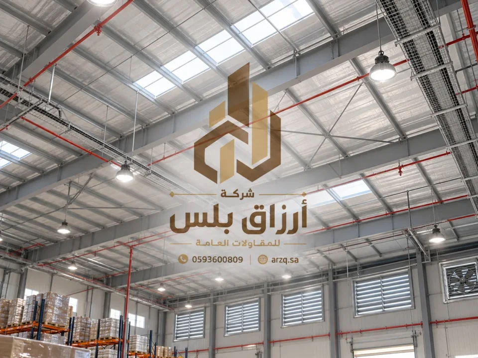 تصور داخلي لهنجر بجمالونات حديدية ظاهرة وتمديدات ورفوف ورافعة شوكية