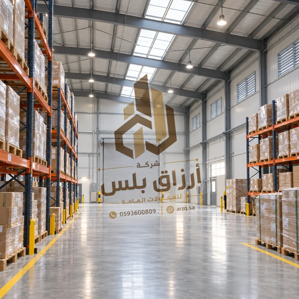 تصور داخلي لمستودع حديدي واسع برفوف تخزين وفتحات إضاءة في السقف
