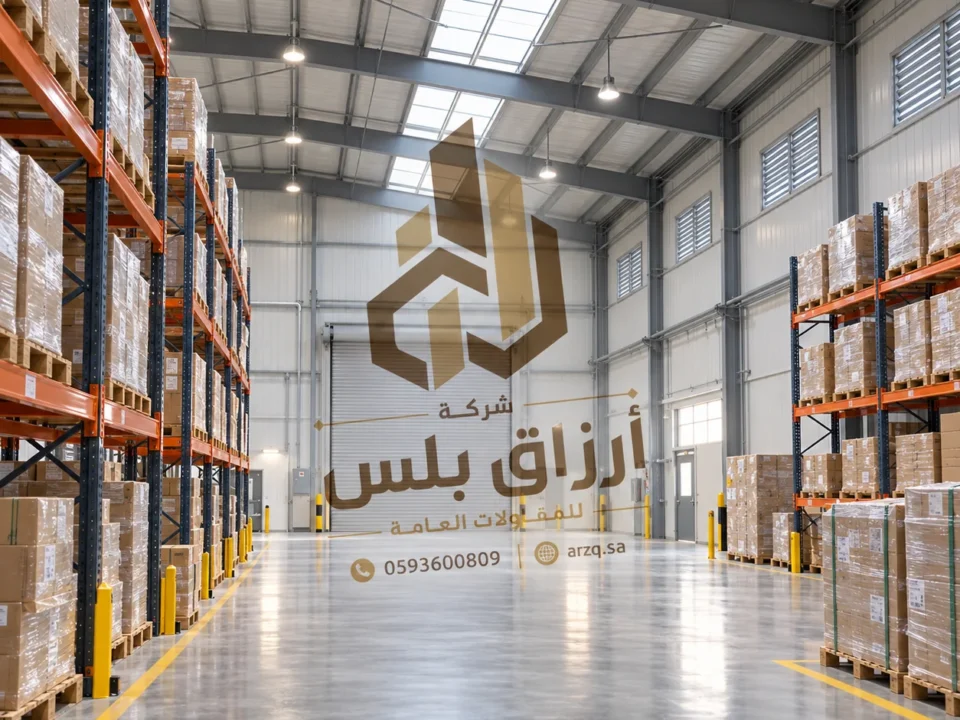 تصور داخلي لمستودع حديدي واسع برفوف تخزين وفتحات إضاءة في السقف