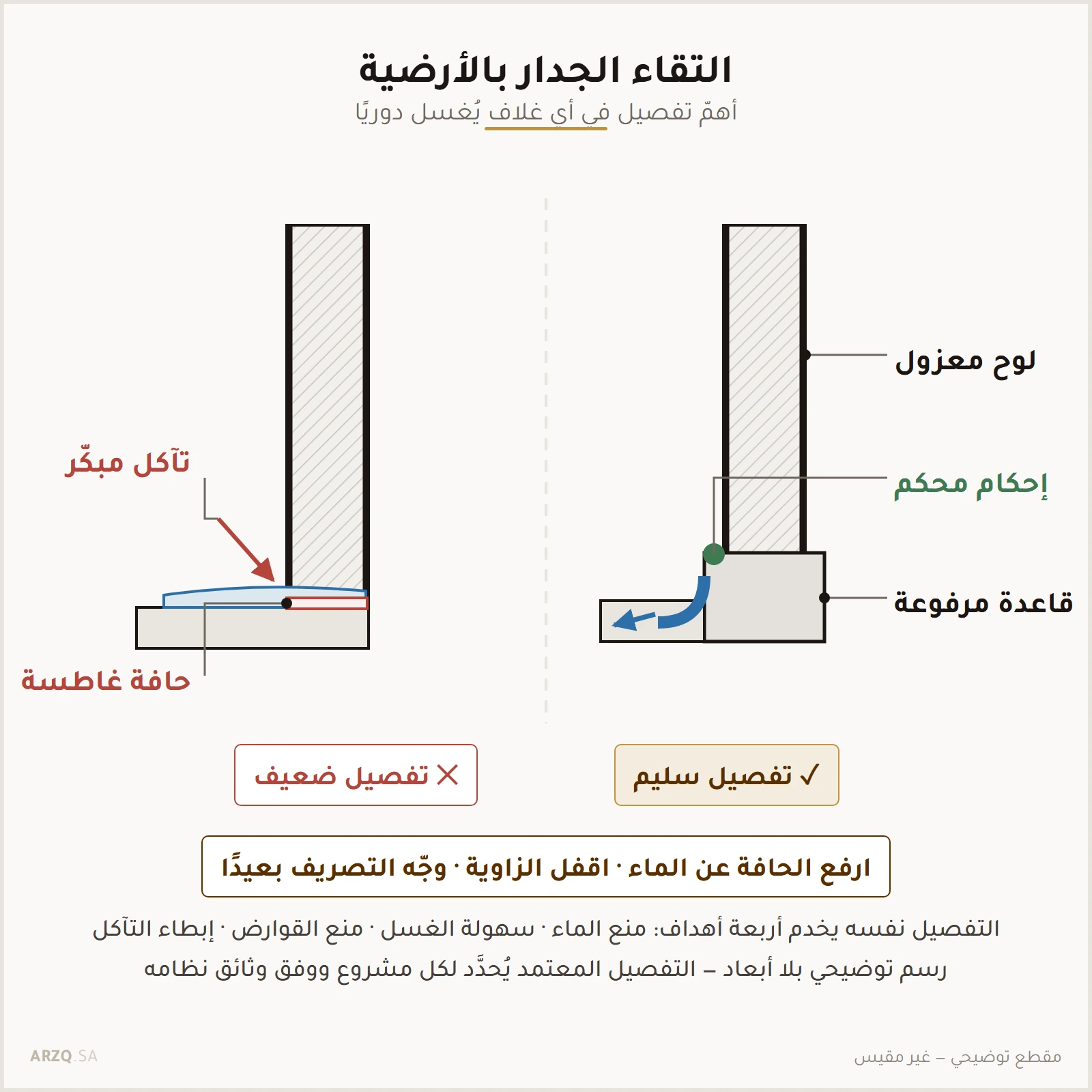 تفصيلان متجاوران لالتقاء لوح جدار بالأرضية: أحدهما على قاعدة مرفوعة بمجرى مقعّر وتصريف، والآخر بحافة غاطسة في الماء وفجوة عند القاعدة