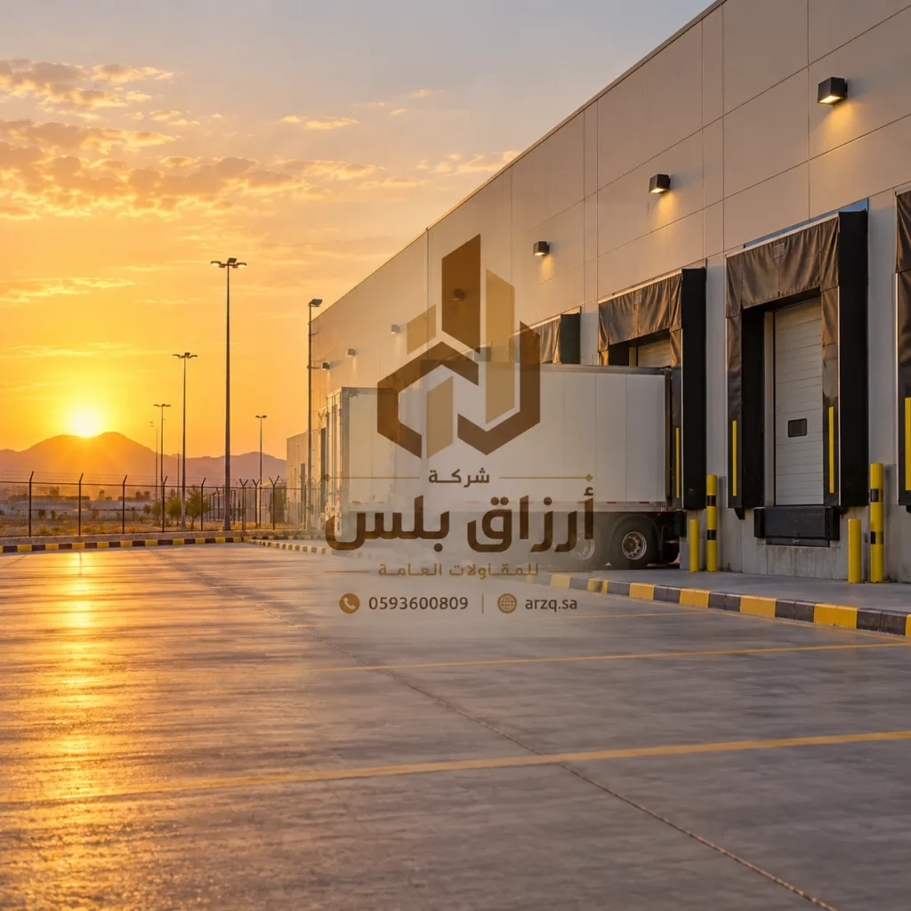 تصور لمنصة تحميل بمستودع حديدي وشاحنة مصطفة عند الغروب